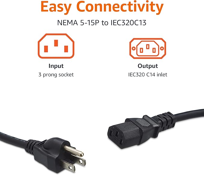 Amazon Basics Universal PC Power Cable, 25 Feet, NEMA 5-15P to IEC320C13, 3 Prong Plug, 18 AWG, 125 Volts, UL Listed, Black