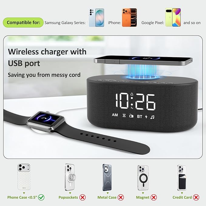 DreamSky Alarm Clock Radio with Wireless Charging and Bluetooth Speaker | Loud Alarm for Heavy Sleepers, Bedroom Digital FM Radio with Sleep Timer, 0-100% Dimmer, 9 Alarm Sounds & 16 Volumes, USB