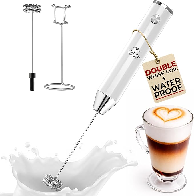 Zulay Kitchen Rechargeable Milk Frother Handheld - Frother Wand, Drink Mixer, Electric Whisk Frother, for Cappuccinos, Matcha & Protein Powder - Lux 4 Whisk 2 Speed Waterproof 2000mAh White