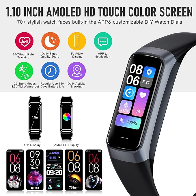 Fitness Tracker with 24/7 Heart Rate, Health Tracker with Calories Sleep Monitor, 1.10''AMOLED Touch Color Screen, Step Counter Activity Pedometer Smart Watch for Women Men