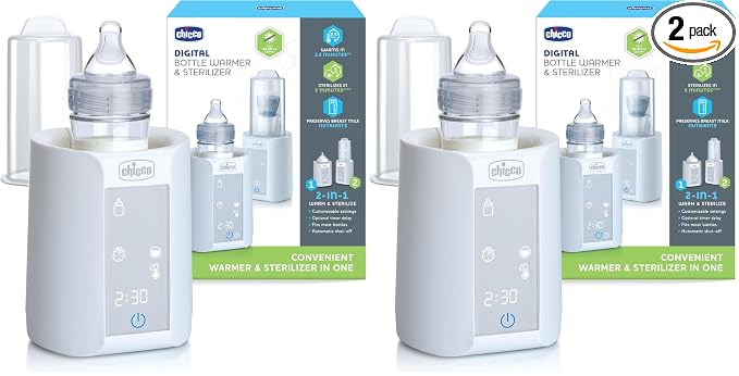 Chicco Digital Bottle Warmer & Sterilizer for Baby Bottles and Milk Bags Eliminates 99.9% of Germs 4 Heating Options Digital Touchscreen Automatic Shut-Off & Sound Alert (Pack of 2)
