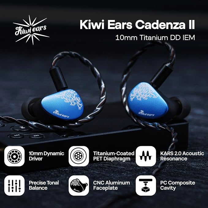 Linsoul Kiwi Ears Cadenza II 10mm Titanium Driver in Ear Monitor, HiFi Wired IEM Earphones with KARS 2.0, Precise Tonal Balance, CNC Aluminum Faceplate for Musicians Audiophiles Gaming (Blue)