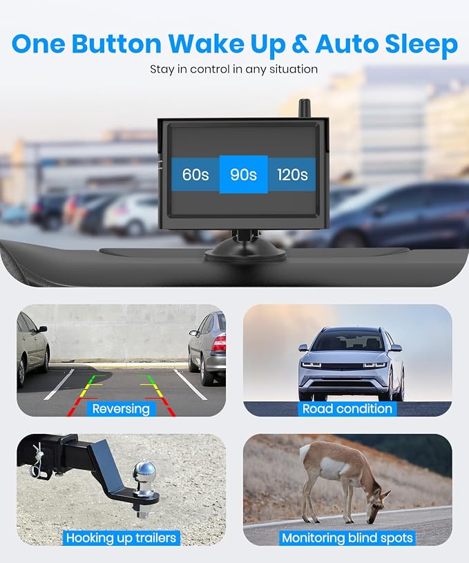 AUTO-VOX Solar Wireless Backup Camera:5" 1080P HD Monitor3-Minute Easy to Install & 5000mAh Battery Powered Back Up Camera System,IP69K Waterproof Wide Angle Reverse Camera for Car Truck Trailer Van