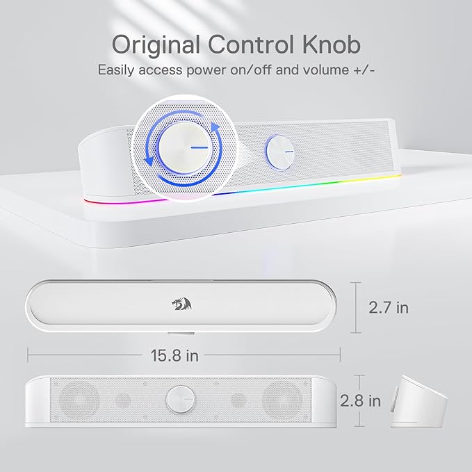 Redragon GS560 RGB Desktop Soundbar, 2.0 Channel Computer Speaker with Dynamic Lighting Bar Audio-Light Sync/Display, Touch-Control Backlit with Volume Knob, USB Powered w/ 3.5mm Cable, White