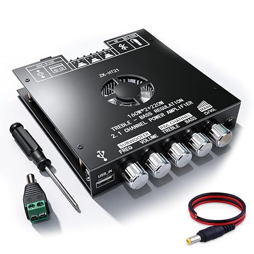 ZK-HT21 Bluetooth 5.1 Amplifier Board, 2.1 Channel 160W×2+220W Subwoofer Audio Power Amp Module with Treble Bass Control, AUX Input Mini HiFi Stereo Amp for Home DIY Speaker & Car Audio Upgrade
