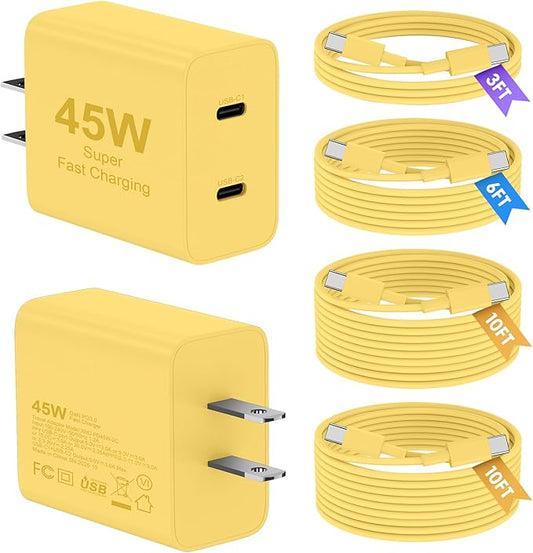 Super Fast Samsung Charger Type C, 2Pack 45W Dual Port USB C Fast Charger Block with Long 60W 3/6/10/10FT USB C to C Cable for Samsung Galaxy S25/S25 Ultra/S25+/S26/S24 Ultra /S24/S23/iPhone 17-Yellow