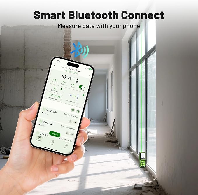395FT Bluetooth Green Laser Measuring Tool with Angle Sensor, Huepar 1/16in Accuracy Laser Distance Measurement Tool, Digital Laser Room Measuring Device, Laser Distance Meters