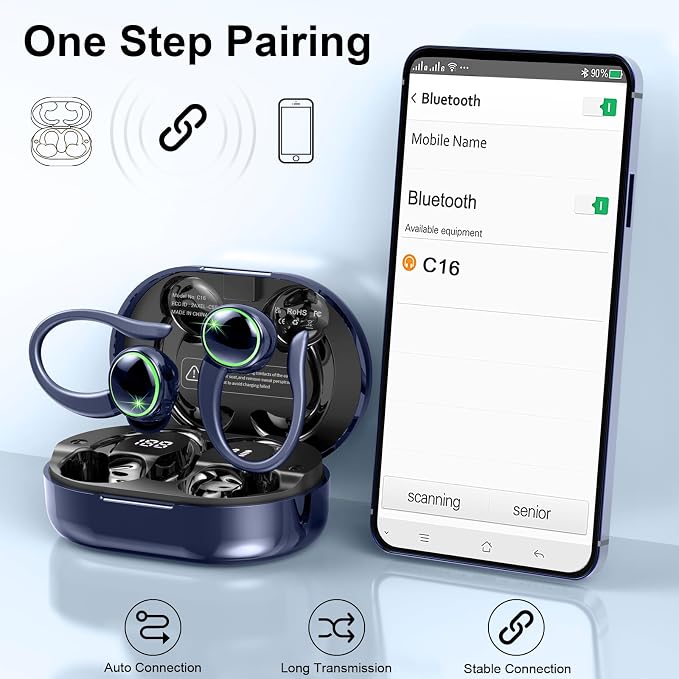 Wireless Earbuds Sports, Bluetooth 5.4 Headphones Hifi Stereo, Over-Ear Buds with 50H Playback, Earhooks Design, ENC Noise Cancelling Mic, IP7 Waterproof, Fitness Headset for Gym Running Workout