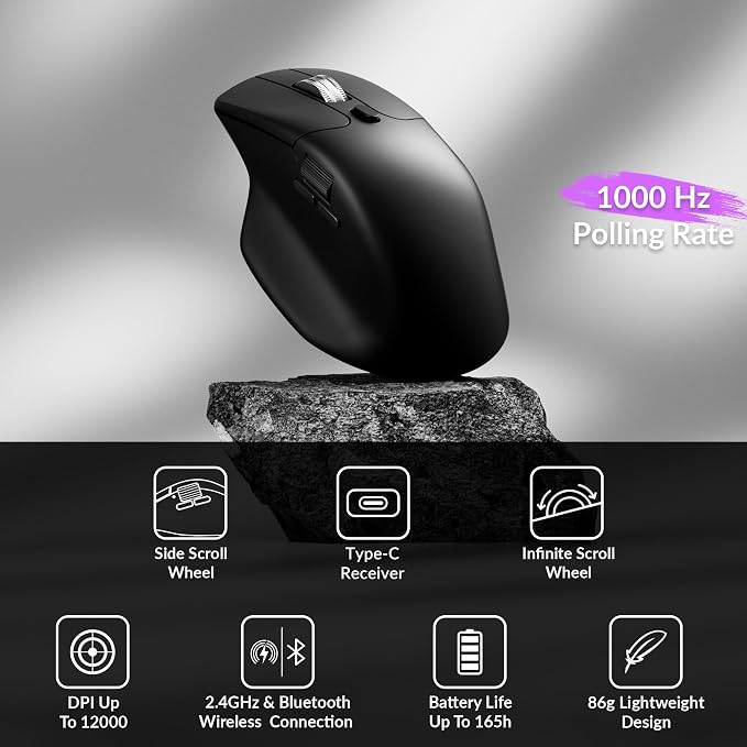 Keychron M6 Silent Wireless Gaming Mouse, 1000Hz, Bluetooth/2.4G/Wired, PixArt 3311 Sensor (12K DPI), 86g, 5 On-Board Memory Profiles for Plug & Play, Programmable for Mac/Win/Linux – Black