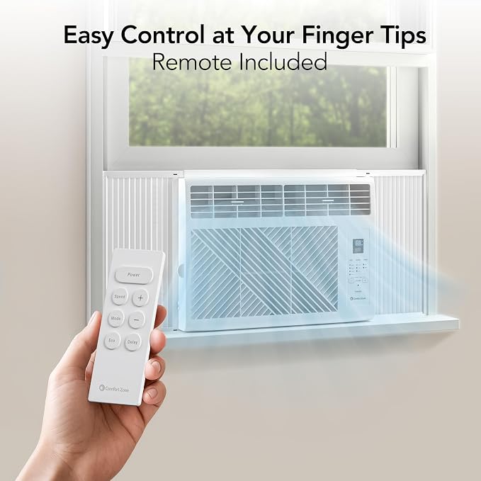 Comfort Zone Window Mounted Room Air Conditioner with Remote Control, 5,000 BTU, Digital Display, 4 Speed Settings, 4 Mode Settings, 24-Hour Timer, Sleep Setting, and Eco Mode