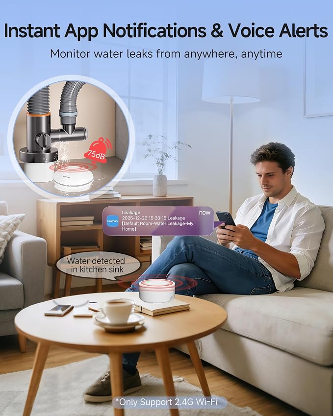 Heiman Water Leak Detector for Home, Water Sensor Alarm Leak Detector, Battery Operated Flood Smart WiFi Water Sensor for Basement/Sump Pump, Real-Time App Alert and Sound Alarm, 3-Pack with Gateway