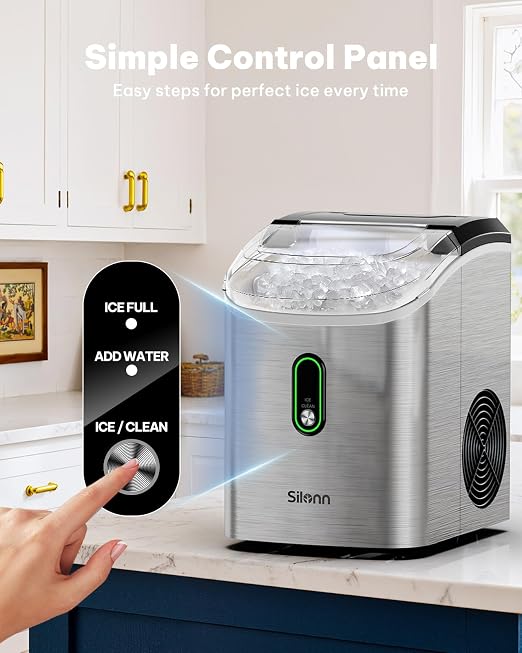 Silonn Nugget Ice Maker Countertop, Pellet Ice Machine with Self-Cleaning Function, Sonic Ice Maker Produces 36lbs of Chewable Ice in 24 Hours, Ideal for Home Kitchen and Office (Stainless Steel)