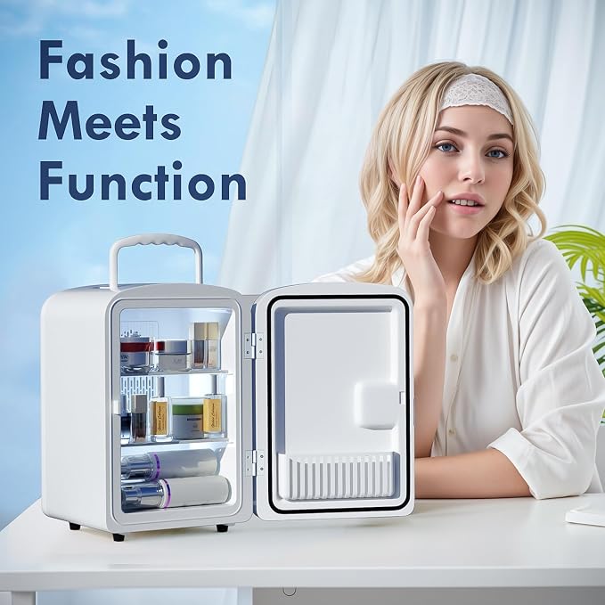 9L Mini Fridge for Bedroom - Car, College Dorm Room & Office Desk 12v Portable Cooler Warmer Skincare, Beauty Makeup, Drinks, Food AC/DC Small Refrigerator with Glass Front, 110 Volts, White