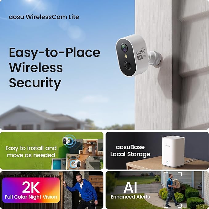 aosu Outdoor Security Cameras Wireless Home Surveillance System with aosuBase, Battery Powered, Cross-Camera Tracking, True 2K HD Color Night Vision, Spotlight, Motion Alert, Easy Setup, 6-Cam-Kit