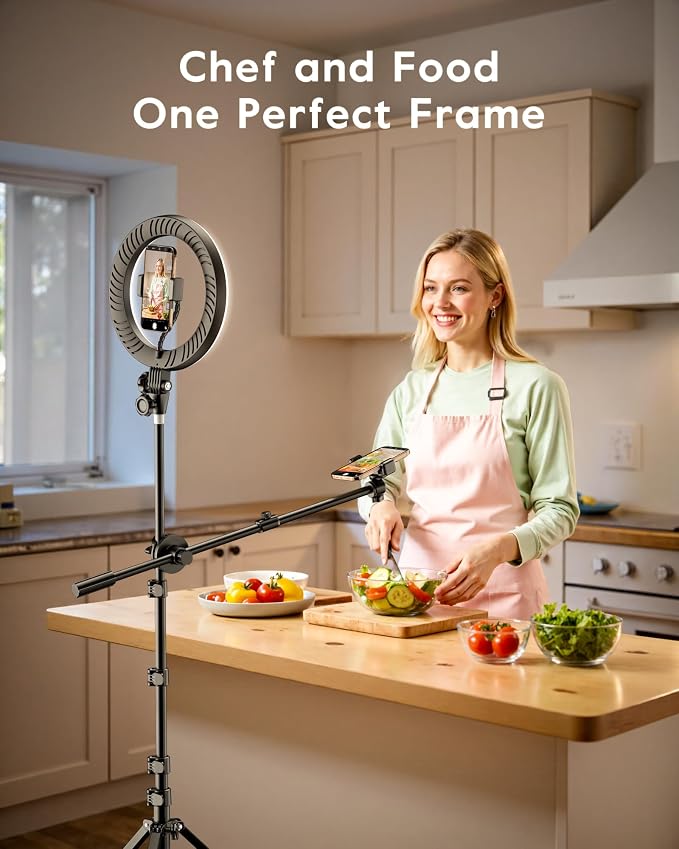 LUXSURE Ring Light with 62'' Tripod Stand for Video Recording, 10.5'' Ring Light Tripod for iPhone with 2 Shooting Positions, Overhead Phone Mount for YouTube, Makeup, Cooking
