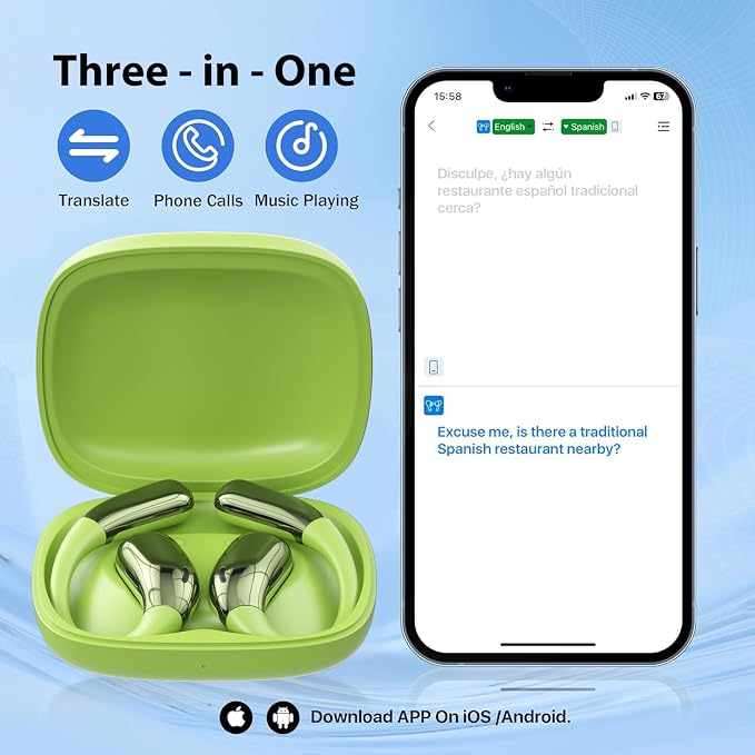 AI Language Translator Earbuds, Translation Earbuds Real Time, 3-in-1 Earbud Translator 144 Languages & Accents, Translation Headphones Fit iOS & Android for Travel Business Learning (A38 Green)