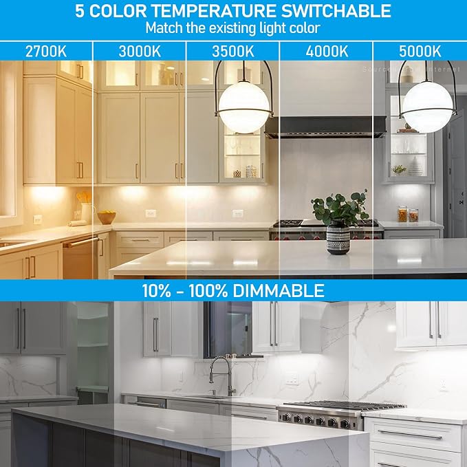 TORCHSTAR 4-Pack 8 Inch LED Under Cabinet Lighting 5CCT, ETL T24, 6W 450LM, Hardwired & Plug-in, 5 Color Selectable CRI90 120V Dimmable Under Counter Lights for Kitchen, White Aluminum Housing