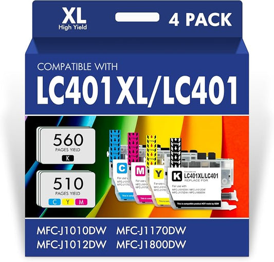 LC401XL LC401 MFC-J1010DW Ink Cartridges for Brother Printer 401XL LC 401 for MFC-J1010DW MFC-J1170DW MFC-J1012DW MFC-J1800DW MFC J1010DW - 4 Pack High Yields Black Cyan Magenta Yellow