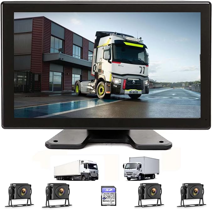 10,36-Inch 4-Channel 128GB Large Audio Screen 1080P Backup Camera Monitor & Built-in DVR Video Recorder for RV Truck Trailer Rear Side Front Reversing View Wired System Image Waterproof