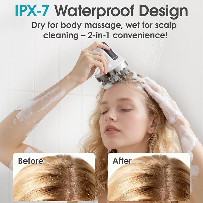 Electric Head Scalp Massager, Scalp Cleaning Tool Waterproof, Soft Silicone Heads with 108 Kneading Nodes, for Hair Growth, Portable Handheld Massage Stress Relax, 4 Modes, Gift for Men Women, White