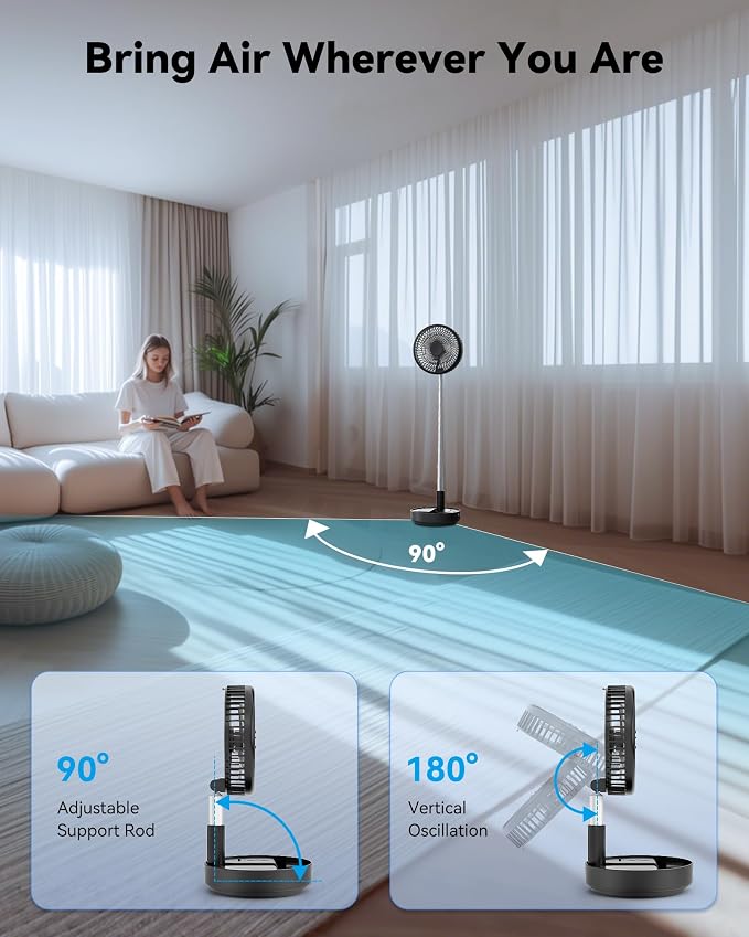 Portable Oscillating Travel Fan, 10400mAh Battery Operated Rechargeable USB Floor Table Desk Fan with Remote, 4 Speed Settings Pedestal Fan for Home Bedroom Office Camping, Black 8"