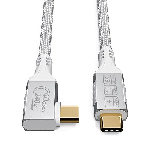 Short Thunderbolt 4 Cable White, Right Angle Thunderbolt 4 Cable 90 Degree, 240W USB C to USB C Cable with 40Gbps Data, 8K@60Hz Display, Compatible with USB4,Docks eGPU Hub 0.82ft/0.25M