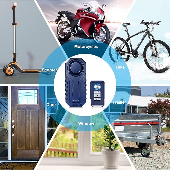 WSDCAM Bike Alarm with Remote 2 Pack (Black + Blue), 113dB Wireless Anti-Theft Vibration Alarm Door Alarm Motorcycle Bicycle Vehicle Security Alarm System