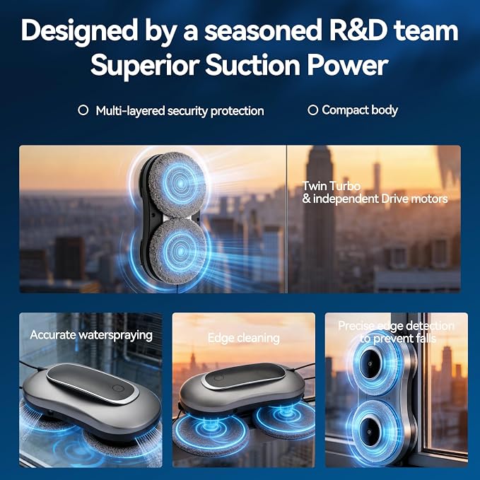 Window Cleaning Robot X11 Pro with Dual-Spray System 70ml Water Tank 3000Pa Strong Suction Auto Edge Detection 2 Cleaning Modes Remote Control for Frameless & Framed Glass