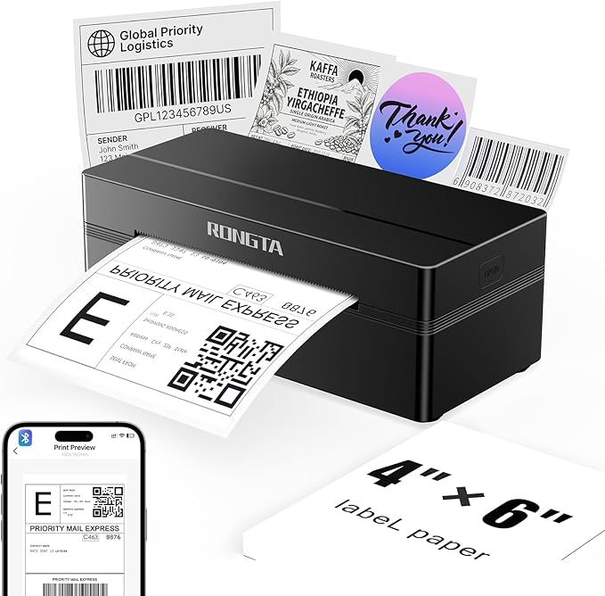 Rongta Bluetooth Shipping Label Printer, Wireless 4x6 Thermal Label Printer for Shipping Packages, Support Android, iPhone, Widely Used for Amazon, Shopify, Etsy, UPS, Black
