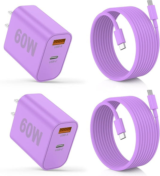 iPhone 17/16/15 Pro/Pro Max Charger, Dual Port USB-C Wall Charger with PD 40W & QC 20W Fast Charging, 10FT USB-C Cable for iPhone, iPad Pro, MacBook M1/M2/M3, Android (Purple, 10 FT)