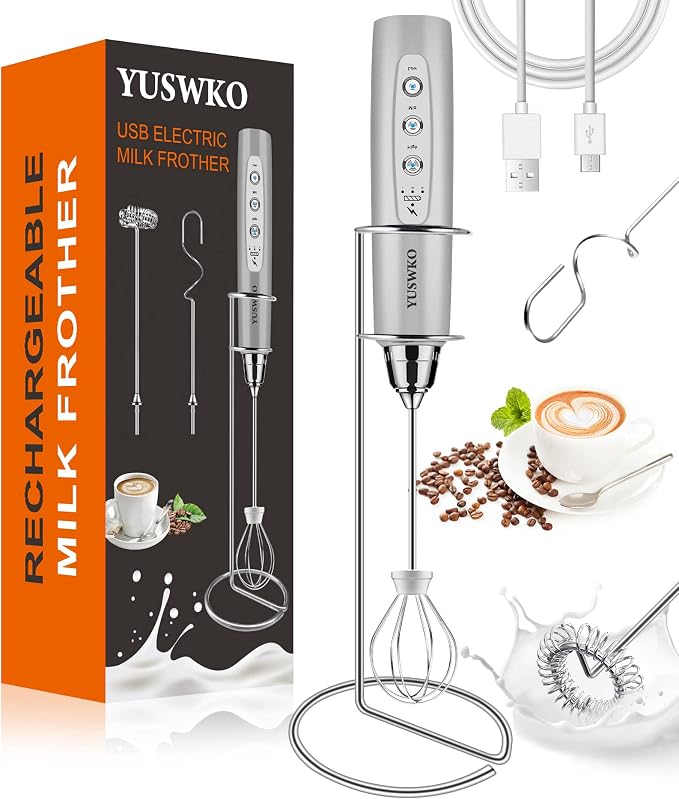 YUSWKO Rechargeable Milk Frother for Coffee with Stand, Handheld Drink Mixer with 3 Heads 3 Speeds Electric Stirrers for Latte, Cappuccino, Hot Chocolate, Egg