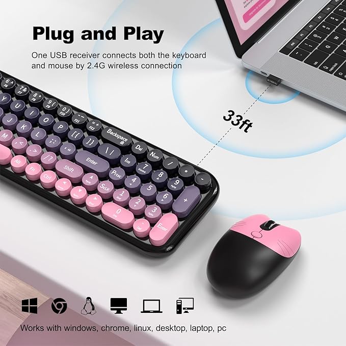 MOFII Wireless Keyboard and Mouse Combo, Compact Typewriter Retro Round Computer Keyboard and Mouse Set, Plug and Play, for Windows, Computer, Desktop, PC, Notebook - (Plum Pink Gradient)