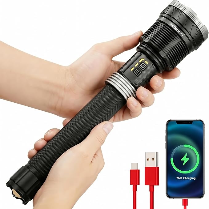 Rechargeable Tactical Flashlight 15,000 High Lumens with USB Output | 120W XHP360 LED Super Bright Zoomable Flashlight, 2624FT Long Range, IP67 Waterproof for Emergency, Outdoor Camping & Hunting