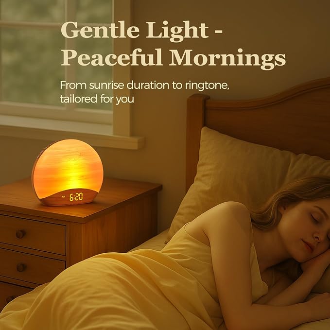 REACHER Sunrise Alarm Clock with Bluetooth Speaker & FM Radio, Gradual Wake Up Light, Digital Dimmable Clock, Bedroom Lamps, 8 Color Night Lights, Home Decor, Wood Clock for Adult, Kid