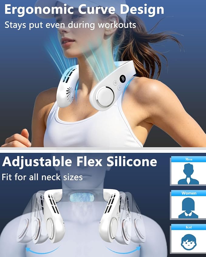 AJGJF Neck Fans that Blow Cold Air,5500mAh Neck Fan with Cooling Plate, 5 Speeds & 3 Cooling Levels, LED Display Battery & Speed, USB-C Rapid Charging, Hands-Free for Travel, Hiking, Gym White