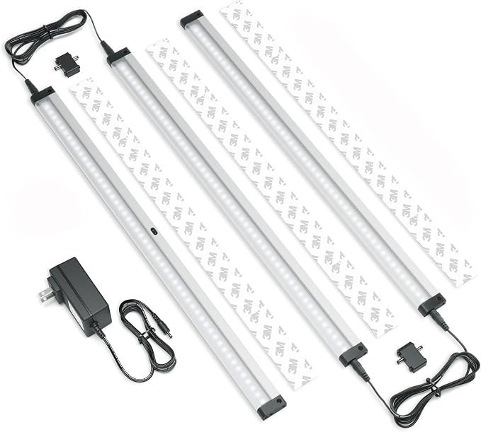 EShine Hand Wave Activated Under Cabinet LED Lighting Kit, Dimmable, 3-Pack 20 in - Touchless Dimming Control, Black Under Counter Lights for Kitchen, Garage, Office, Desk - Cool White (6000K)