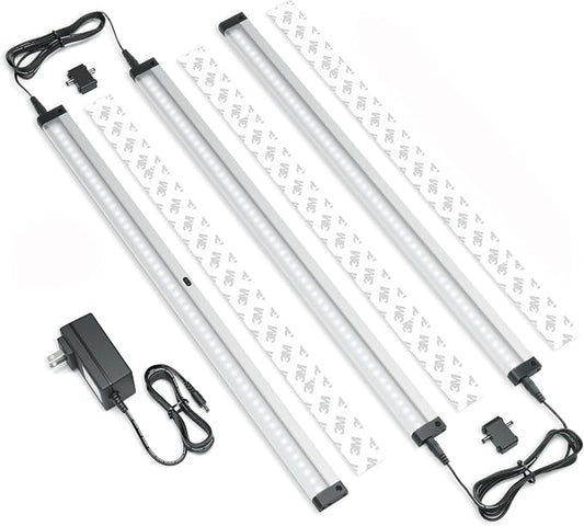 EShine Hand Wave Activated Under Cabinet LED Lighting Kit, Dimmable, 3-Pack 20 in - Touchless Dimming Control, Black Under Counter Lights for Kitchen, Garage, Office, Desk - Cool White (6000K)
