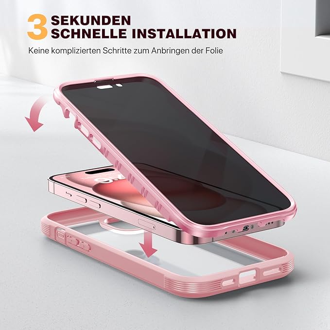 Diaclara Designed for iPhone 15 Plus Case 6.7 Inch,Upgraded Full Body Rugged Clear Bumper Case with Built-in Privacy Screen Protector for iPhone 15 Plus,Pink