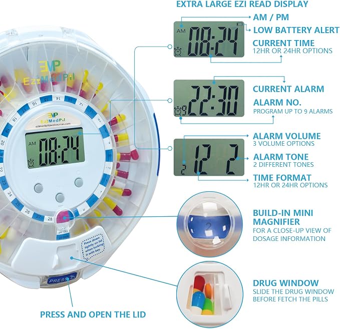 EziMedPil Bluetooth Automatic Pill Dispenser with App Setup for Caregivers | App Adherence History Tracking for Seniors, Locked 28-Day Organizer with Sound-Light Reminders, 9 Daily Alarms & LCD Display
