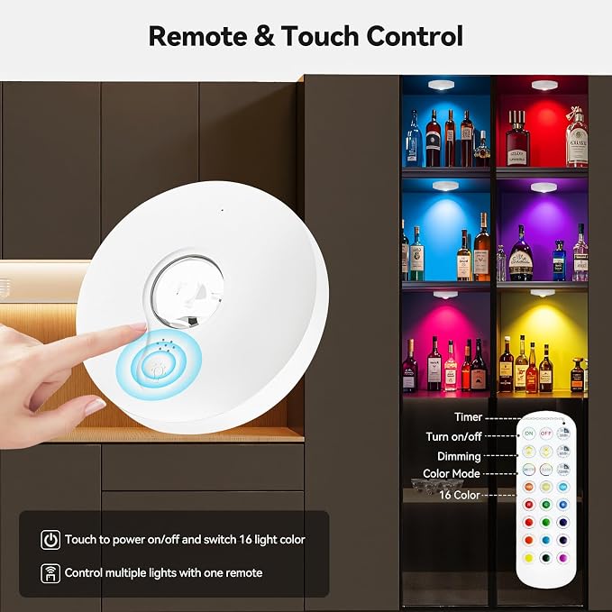 Rechargeable Puck Lights with Remote, 6 Pack Magnetic Under Cabinet Lighting, 1500mAh Battery Operated LED Tap Lights with Dimmer & Timmer for Kitchen, Closet, Shelf - 3 Color Temps & 12 RGB, White