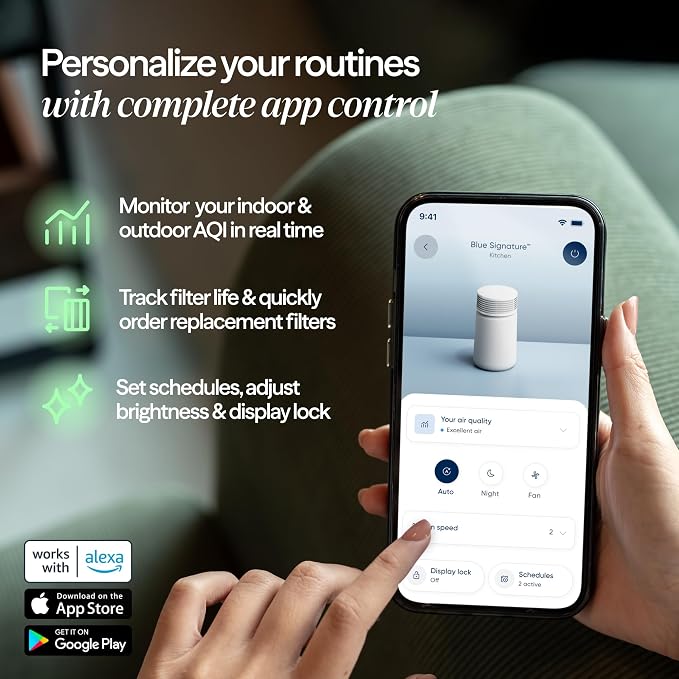 BLUEAIR Blue Signature Small Smart Air Purifier for Bedroom, Home & Office, HEPASilent Air Cleaner for Pets, Allergies, Dust & Smoke, Cleans 1,190 Sq Ft Per Hour, Quiet HEPA Air Purifier, App Control