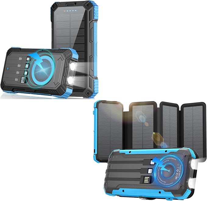 Solar Power Bank 49800mAh 22.5W QC3.0 Fast Charging Built in 4 Cables andNymzixt Solar Power Bank 20000mAh Portable Charger Built-in 3 Cables and Wireless Charging