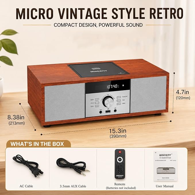 Nostalgic Bluetooth Stereo System for Home, WISCENT Vintage Micro HiFi Systems CD Player,with Bluetooth Audio Streaming,FM Radio,USB Port,Aux-in,Earphone Port (Brown)