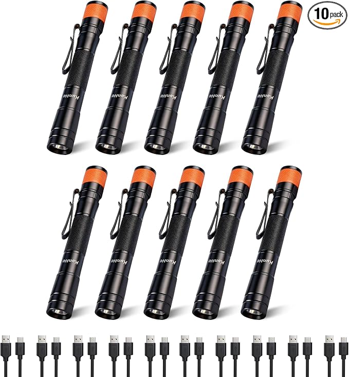 KunHe 180 Lumen LED Portable Rechargeable Pen Flashlight 10-Pack Waterproof Pocket Flash Light Single Mode Easy to Use with Clip Suitable for Inspection Camping and Daily Use