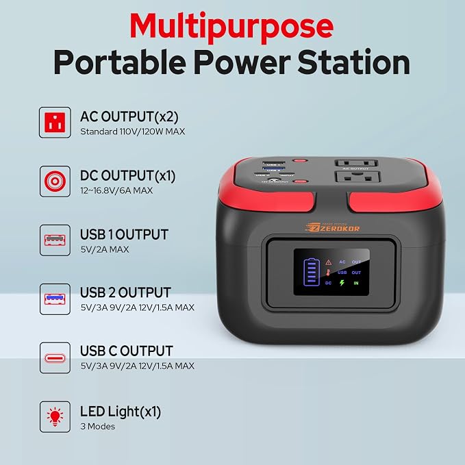 Portable Power Station 120W, Outdoor Power Bank Generator with AC Outlet, External Battery Power Pack with USB C Input for Camping Home Use VanLife Adventures
