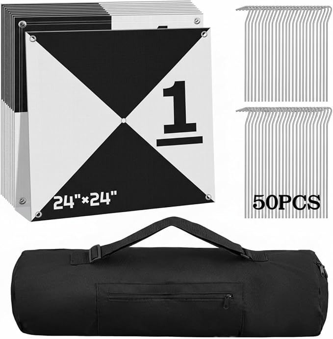 10 Pcs Drone Ground Control Point GCP, 50 Pcs Metal Fixing Stakes with Storage Bag, UAV Aerial Target for Mapping & Surveying, Black/White Markers(Diagonal Numbered Plaid)