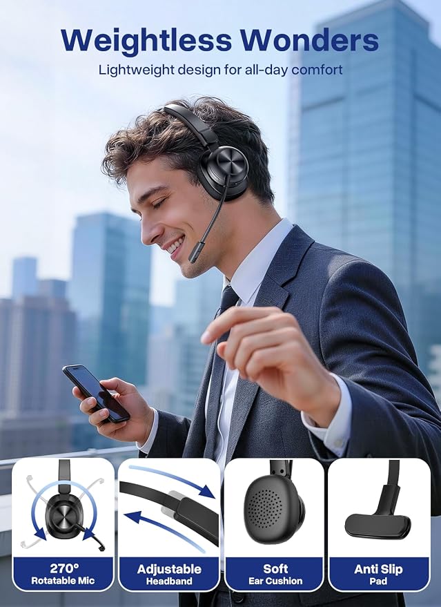 Bluetooth Headset with USB Dongle, Trucker Bluetooth Headset with AI Noise Cancelling Microphone & Mute Button, 50Hrs Single Ear Wireless Headphones for Truck Driver Phone Computer PC Office Work