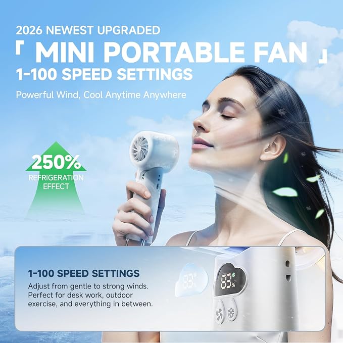 DooGooCoo [2026 Upgrade] Portable Cooler Handheld Fan, [Coldest Turbo Hand Fan] 15000RPM 24H Max Cooling Time Highly Speed (1-100) Hand Fan, Collapsible Mini Small for Travel, Office (White)