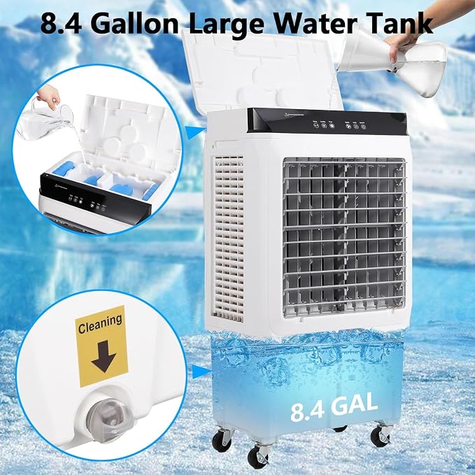 Evaporative Air Cooler, 1800CFM Portable Swamp Cooler with Remote Control, 3 Speeds, 12H Timer & 8.4 Gallon Water Tank, 3-IN-1 Cooling Fan for Bedroom Home Office Garage