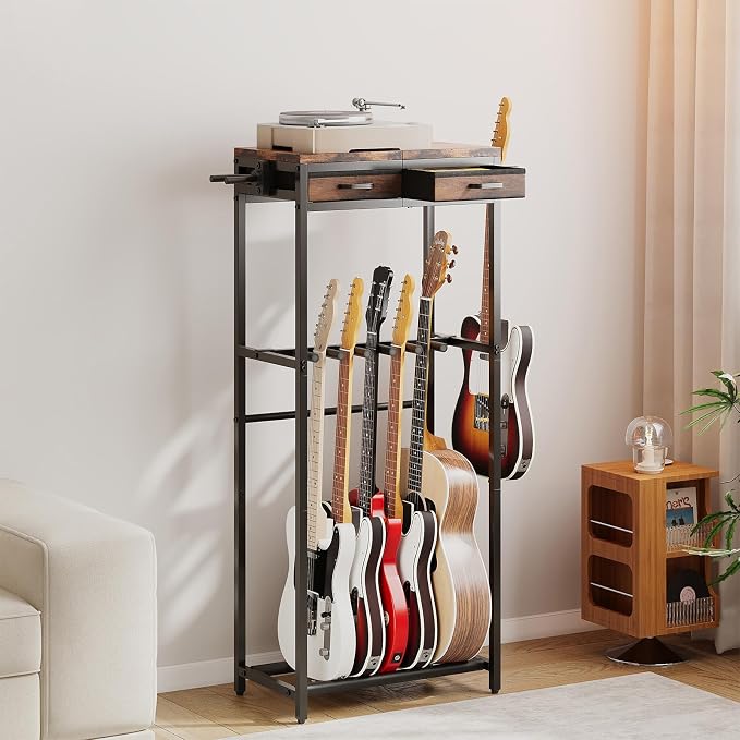 ELYKEN Guitar Stand, Guitar Rack with 2 Hangers and Storage Drawers for Guitar Accessories, Multiple Guitar Holder for Acoustic Electric Guitar, Bass, Instrument, Music Studio, Rustic Brown